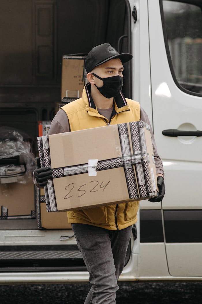 Services A courier wearing a face mask delivers a package from a vehicle, adapting to new normal.